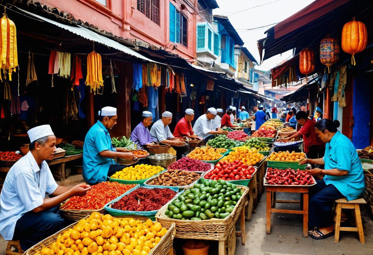 A colorful and lively street market in Kudurdum, showcasing vibrant traditional foods and crafts. Capture local artisans engaged in their crafts, with intricate textiles and exotic fruits on display. Add people in cultural attire, interacting with lively stalls, and a backdrop of beautifully ornate architecture. Emphasize warm, inviting colors to reflect the essence of Malaysian culture. super-realistic. vibrant colors.