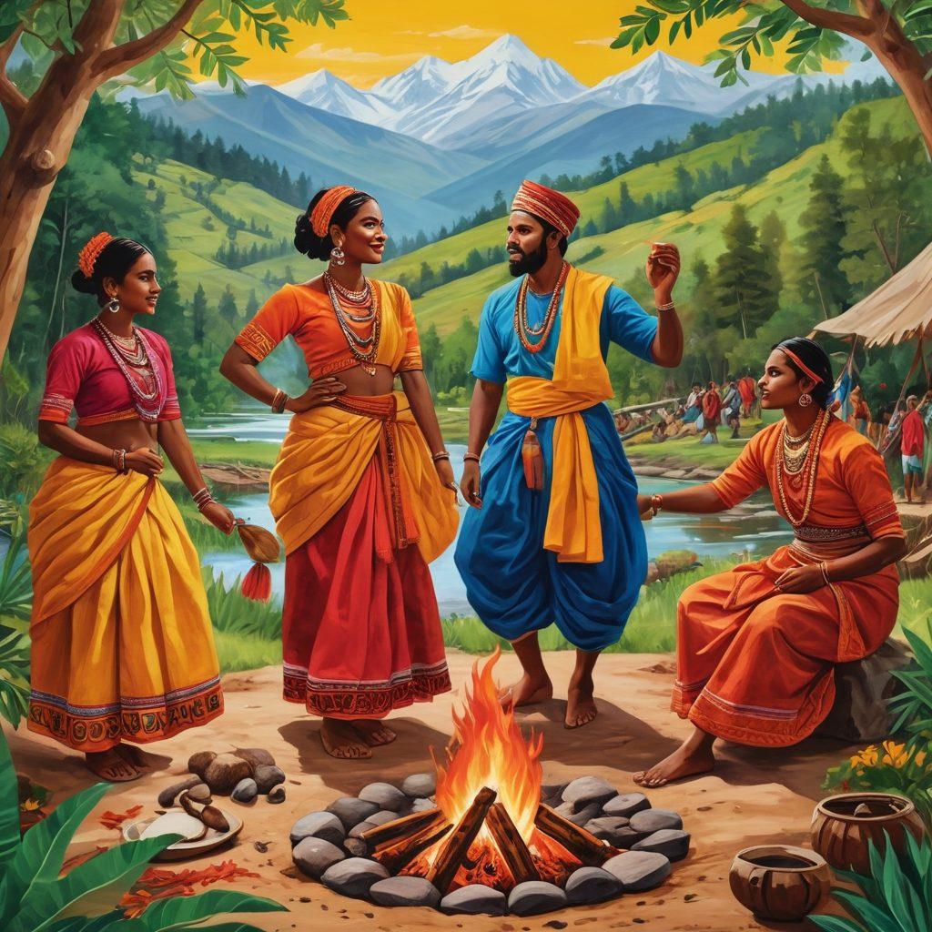A vibrant collage illustrating Kudurdum's rich culture, showcasing traditional attire, festivals, and native language scripts. Include diverse people engaging in cultural dances, crafting handmade goods, and sharing stories around a campfire. Capture the essence of community and tradition with lush landscapes in the background. painting. vibrant colors. dynamic composition.