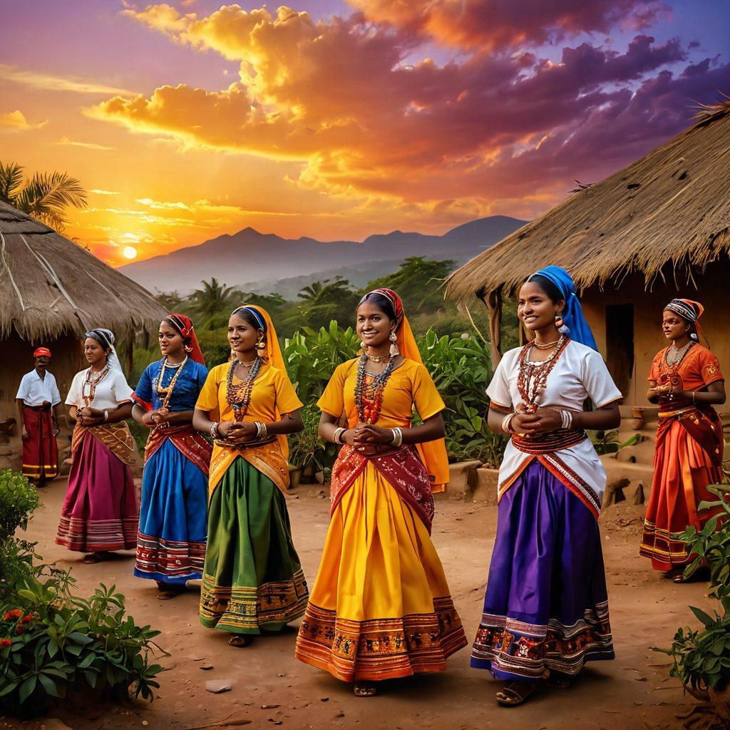 A vibrant scene depicting the Kudurdum community in colorful traditional attire, interwoven with intricate patterns symbolizing their cultural heritage. Include elements like dancing, artisan crafts, and local flora in the backdrop, all harmoniously blending together under a radiant sunset sky. super-realistic. vibrant colors. culturally rich details.